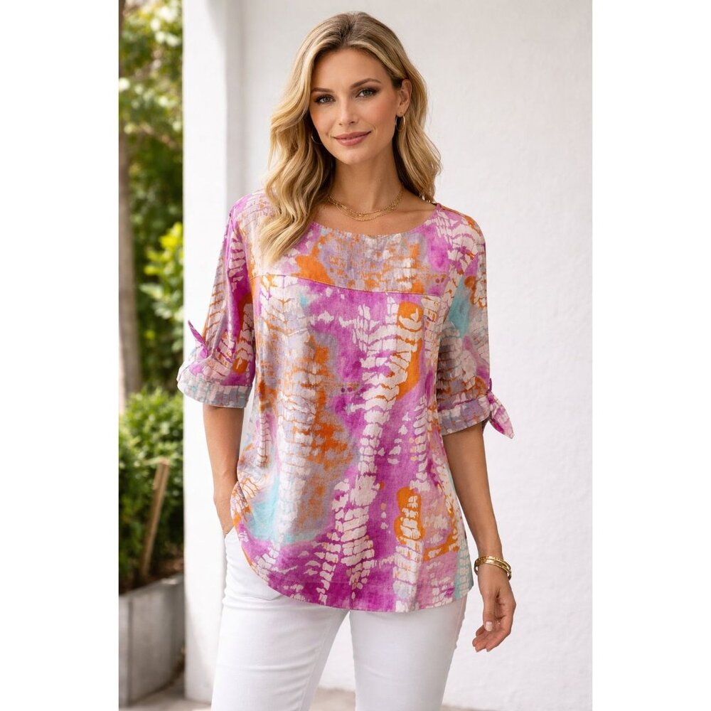 Sedona short-sleeved top a tie-dye or batik-style pattern in shades of purple